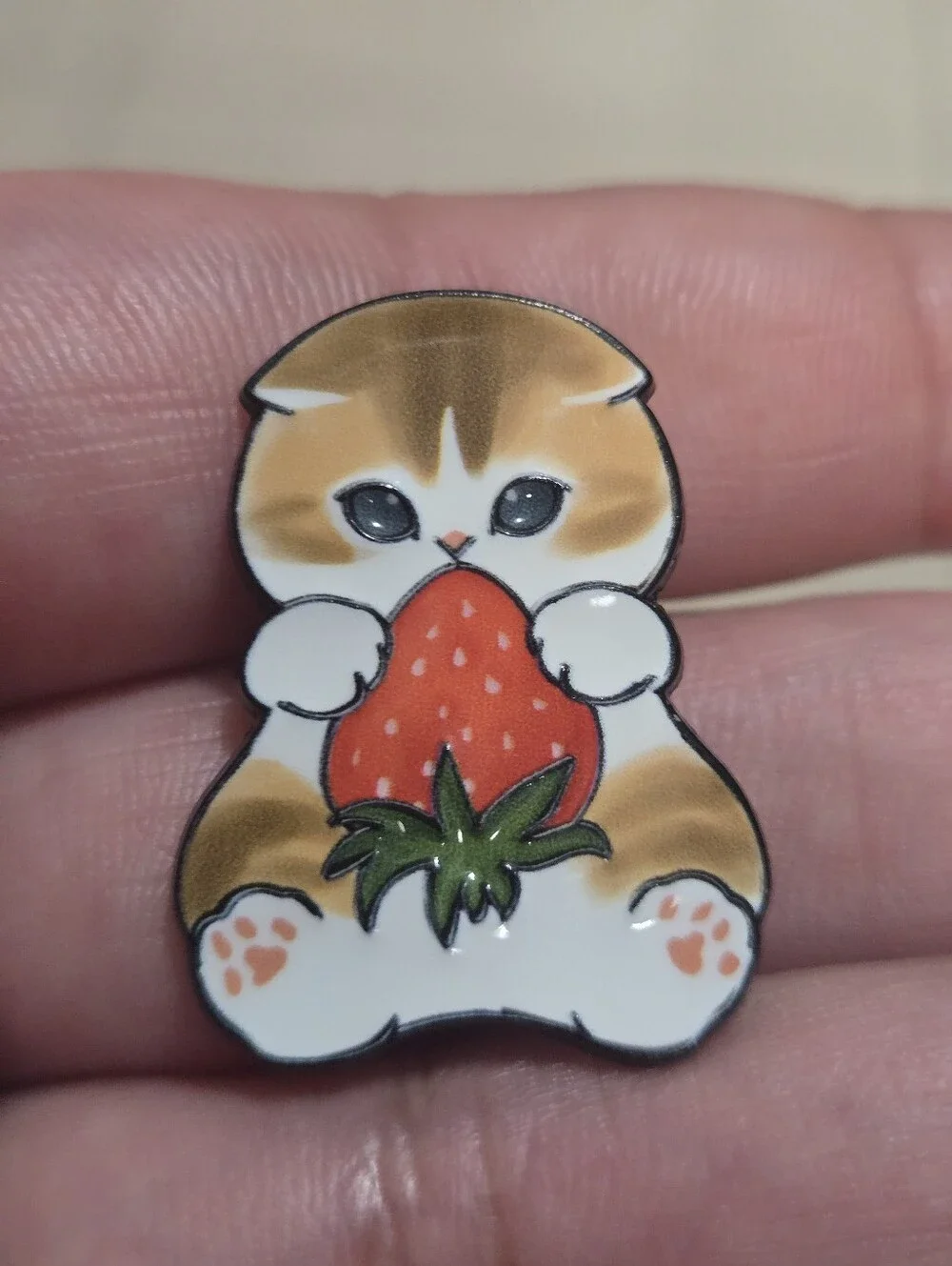 Cute Cat Holding Strawberry Enamel Pin - Brown & White with Red Strawberry